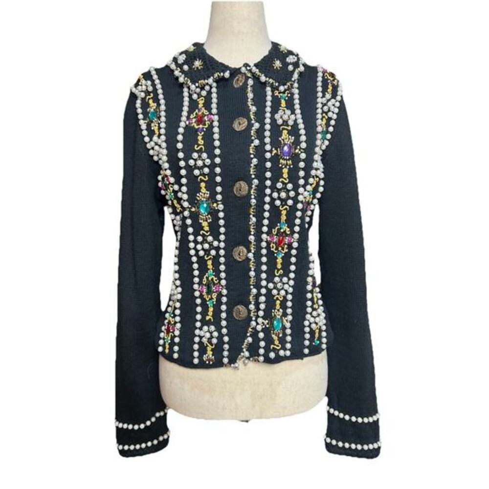 Vintage Michael‎ Simon Cardigan Ramie Cotton Sz M Beaded Jeweled Statement Piece - Picture 2 of 9